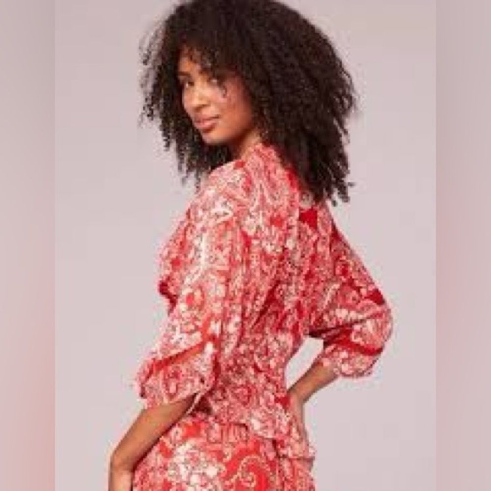Elan Red Ocean Red Paisley Crossover Romper With 3/4 Sleeves Elastic Waist Sz S - Picture 7 of 8